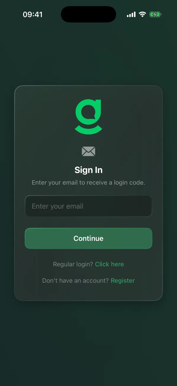 The mssgs sign-in screen in February 2026: a green glass card asking for an email address to send a login code to