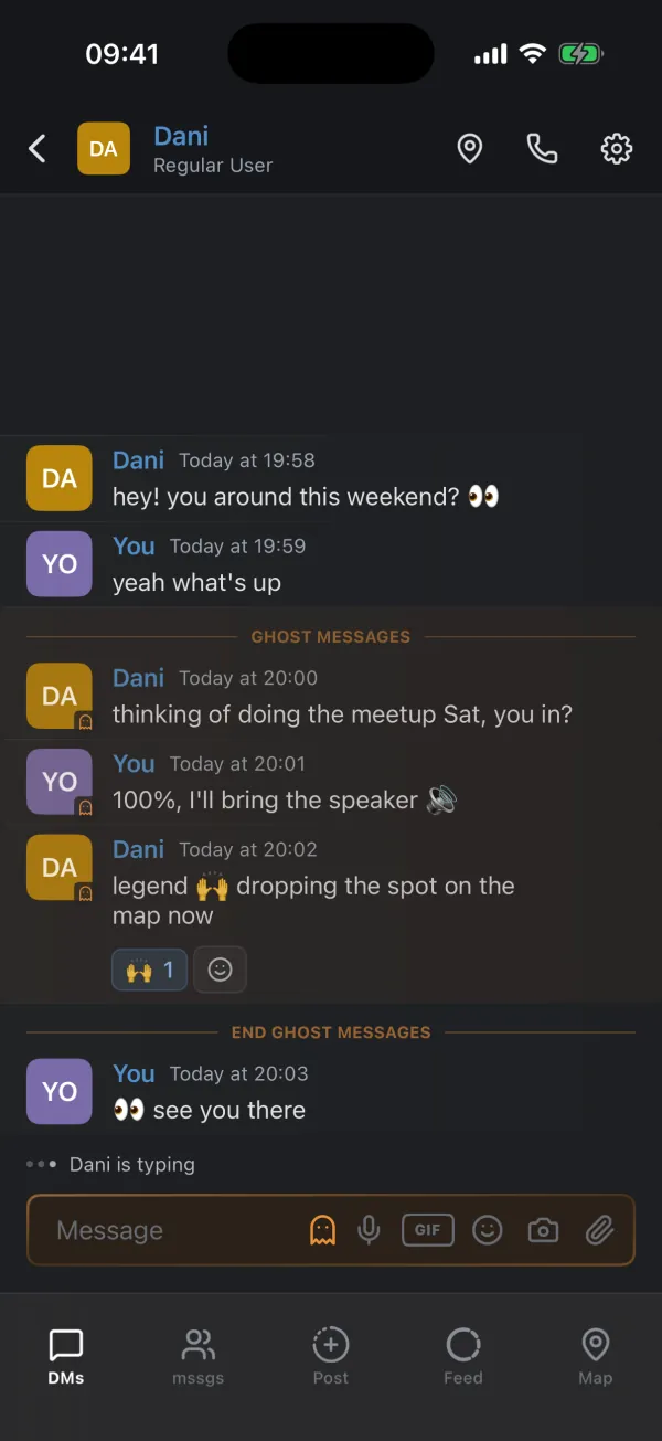 A direct message in July 2026: two friends planning a meetup, some of it as ghost messages