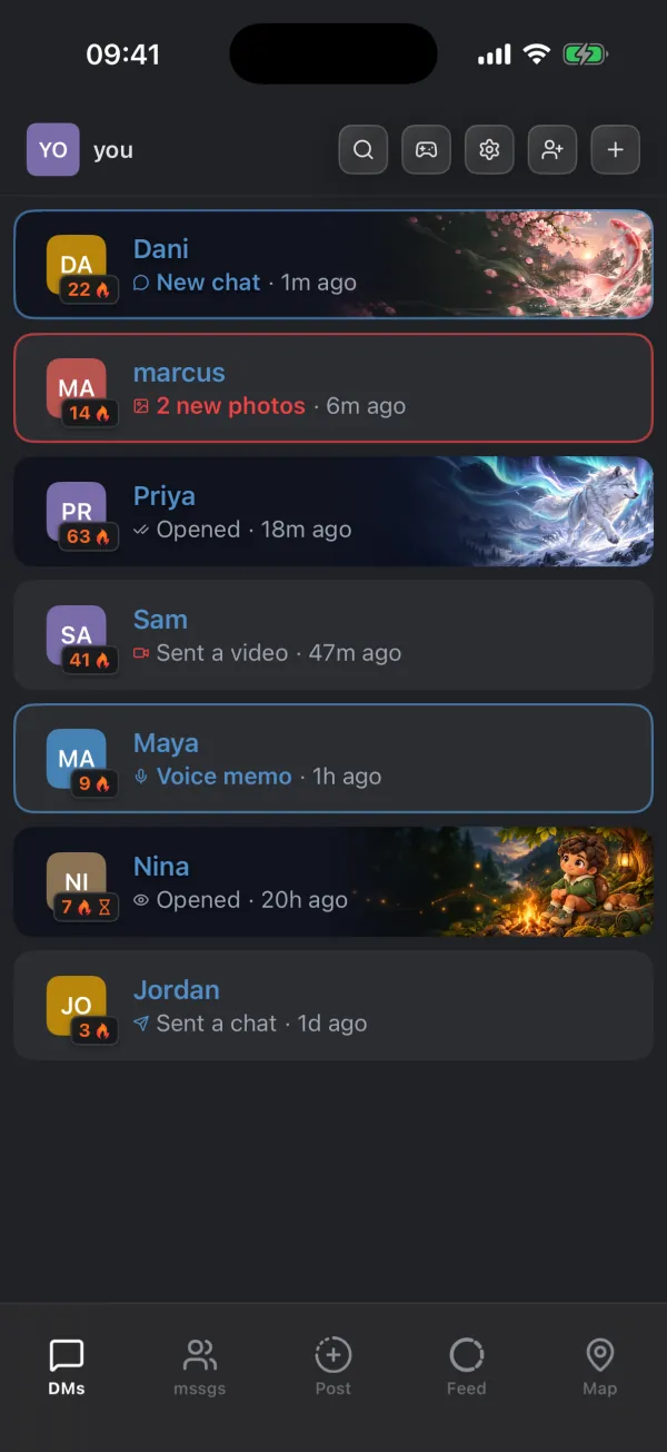The list of direct messages, each friend with a streak and the latest activity
