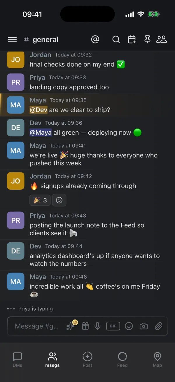 The #general channel of a community, with mentions, reactions and someone typing