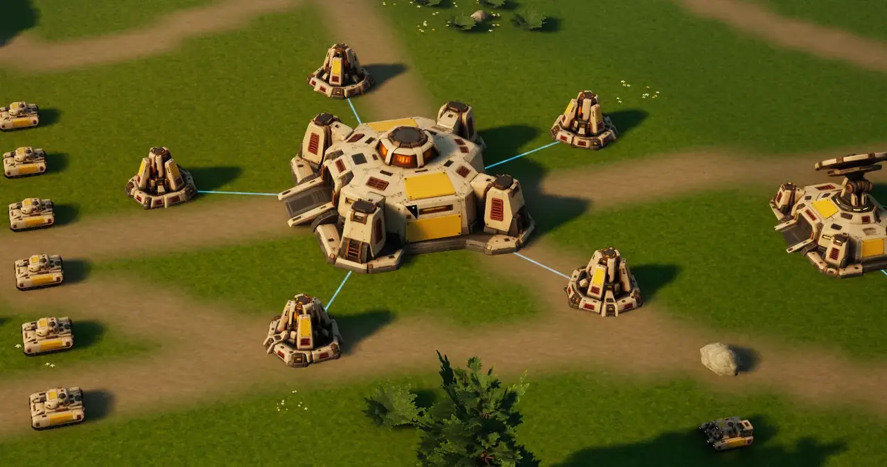 In game: a Sunhearth Heartbloom on its centre pad, linked by lines of light to the five petals around it, with a column of tanks and engineers nearby